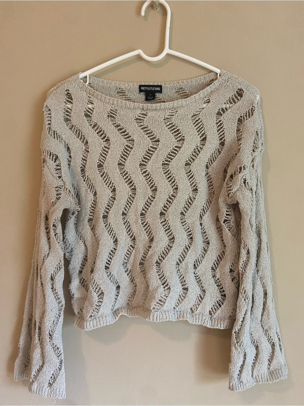 PrettyLittleThing Light Gray Open-Knit Wave Crew Sweater
